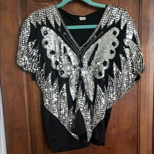 1960’s Vintage Sequin Butterfly Black Top
